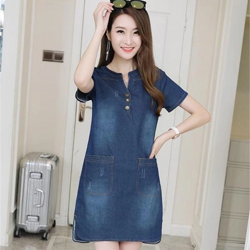 Vestido jeans fino de manga curta feminino, vestido casual de cowboy, gola V, moda verão, S-5XL, R107, 2022