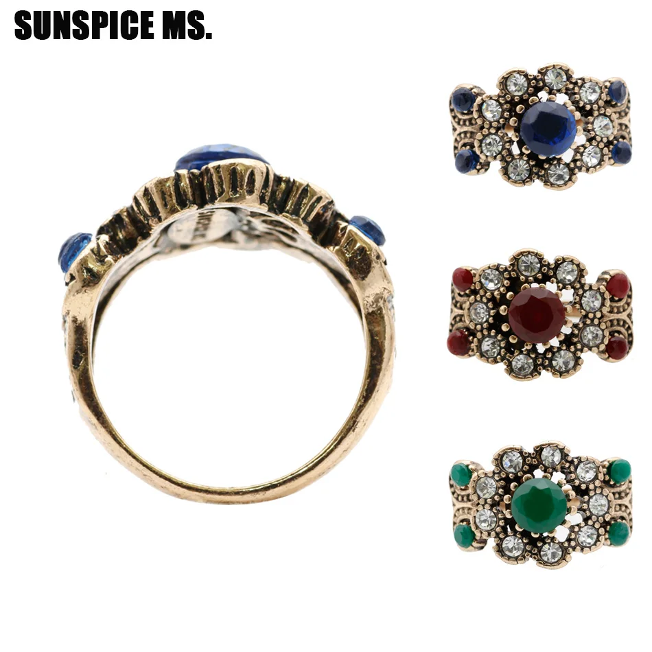 SUNSPICE MS. Turkey Rings For Women Hollow Vintage Wedding Ring Jewelry Ancient Gold Color Colorful Resin Stone Anillos Mujer