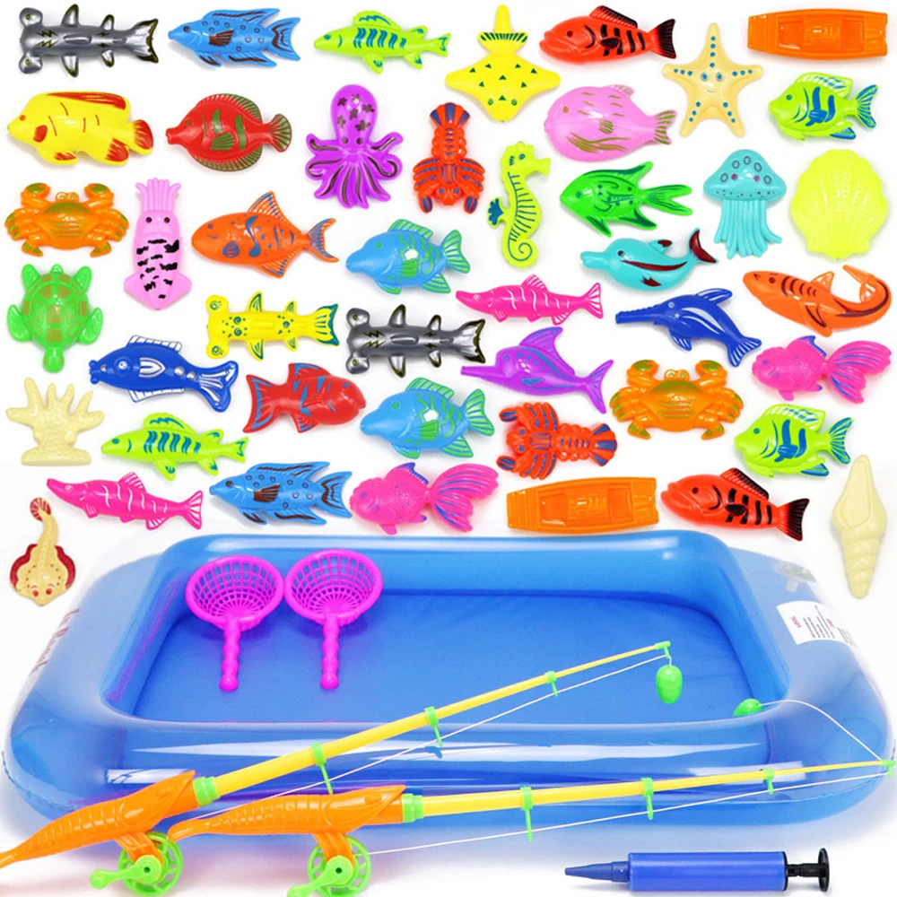 Juego de juguetes de pesca magnéticos para niños, caña de pescar con imán de red de piscina inflable, juguetes clásicos divertidos para niños, regalo para niños, 18-52 piezas