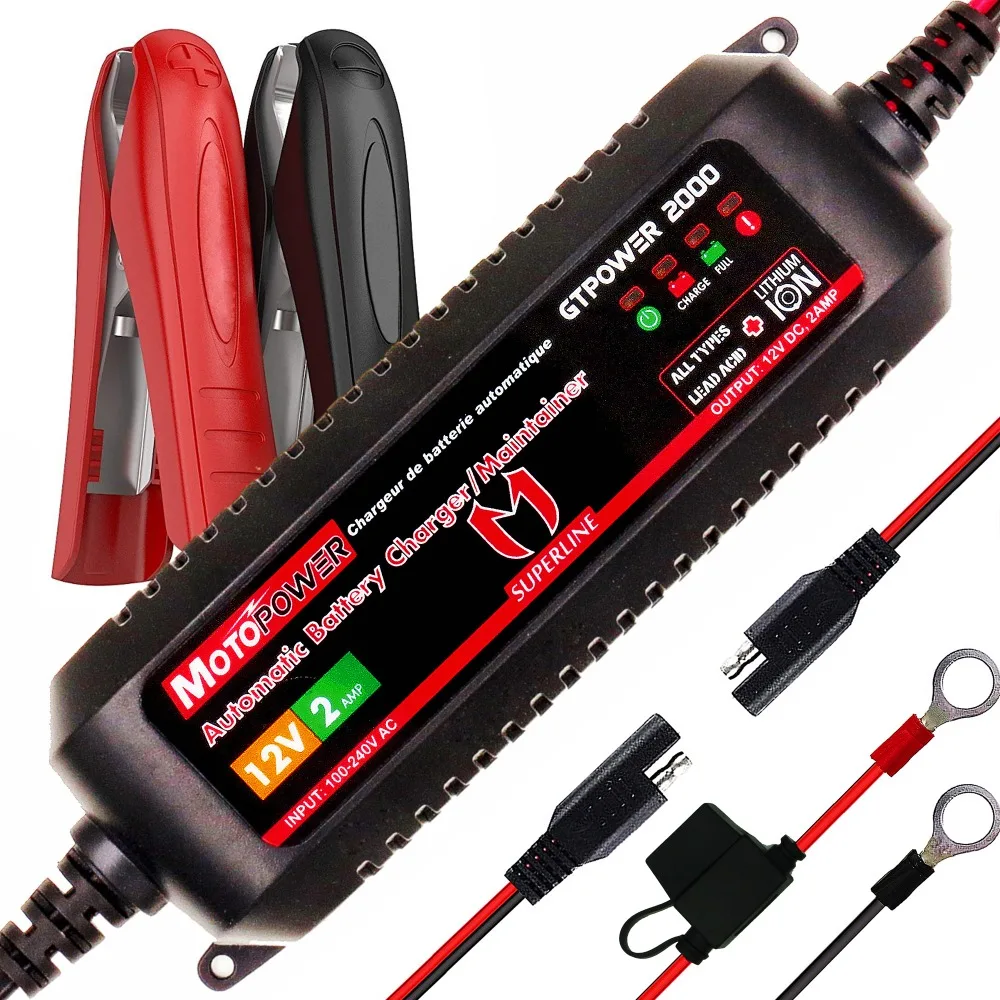 MOTOPOWER 2amp 자동 스마트 12V 자동차 배터리 충전기, 납산 배터리 및 리튬 이온 배터리 오토바이 보트 용