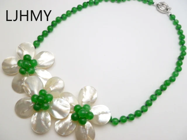 

LJHMY Fashion Jewelry 3 White Mother Pearl Shell Flower Green Jades bead Necklace Women Wedding Party Necklace Gift