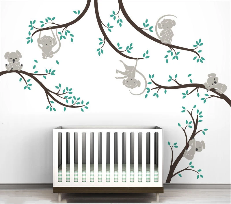 Monkey And Koala Tree Branches Wall Sticker Home Decor Nursery Nature Tree Art Mural Baby Kids Room Wall Decor 3d Poster A021