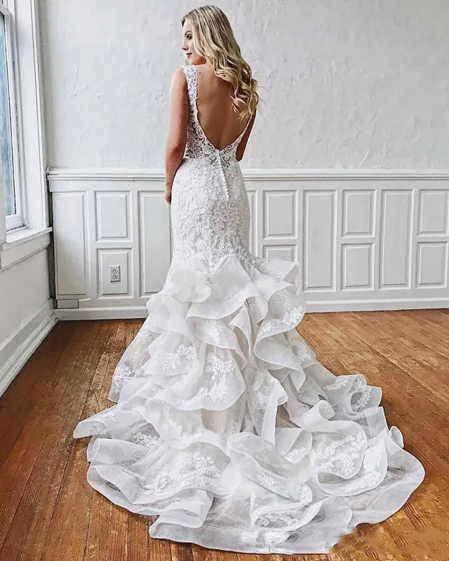 Robe de mariee Romantische Rüschen Zug Meerjungfrau Spitze Brautkleider 2019 Tiefem V-ausschnitt Sexy Backless Braut Kleid Hochzeit Kleider