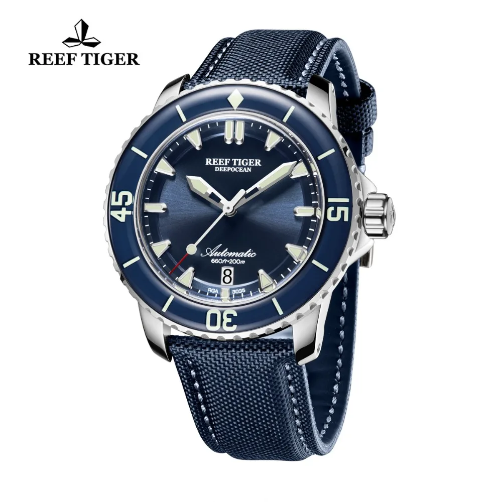 Reef Tiger/RT Super Luminous Dive Watch Mens Blue Dial Analog Automatic Watches Nylon Strap reloj hombre RGA3035