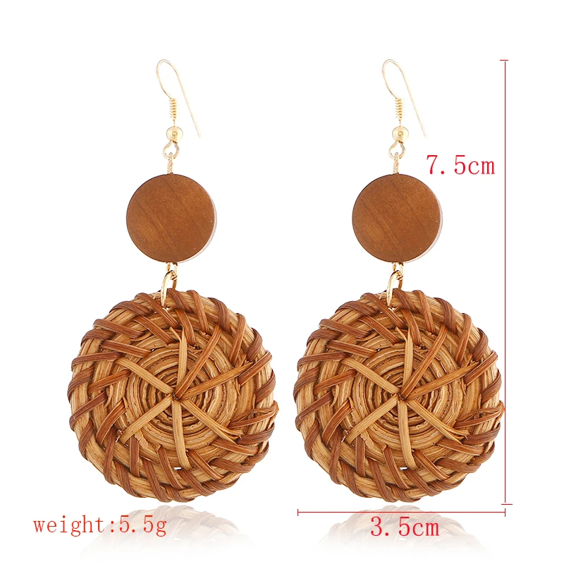 Fashion Bohemian Style Round Straw Woven Dangle Earrings For Women Geometric Exaggerate Round Pendant Statement Jewelry2024