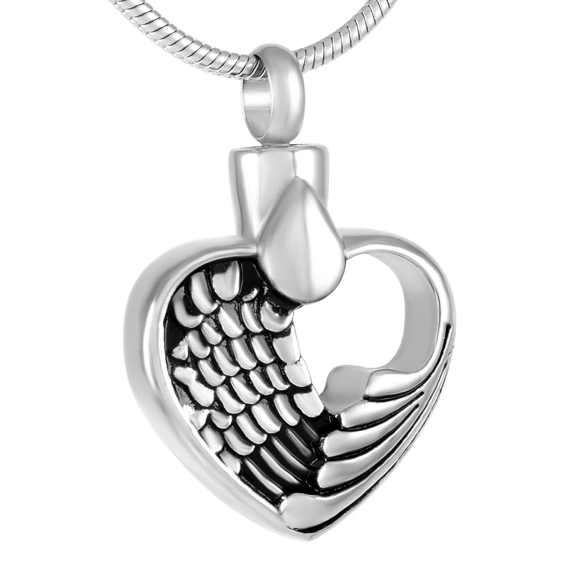 IJD9296 Angel Wings Heart Memorial Urn Pendant Necklace Cremation Keepsake Stainless Steel Jewelry for Beloved Ashes Necklace