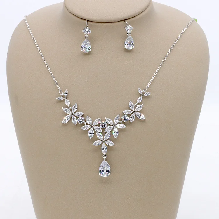 

Fashion Flower Zirconia Bridal Necklace Earrings Set Wedding Prom Women Jewelry Sets Accessories