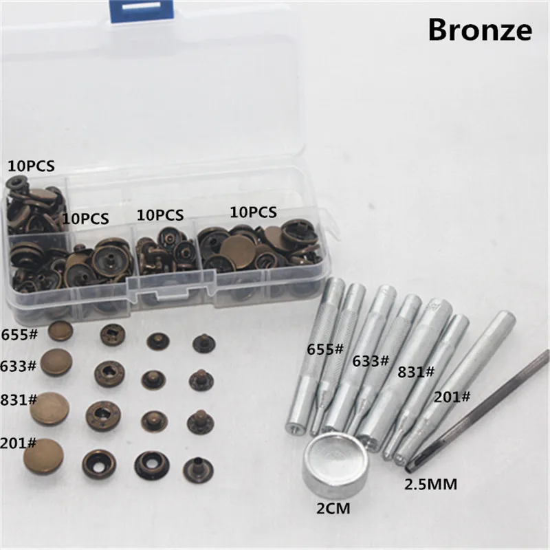 10-15mm 40 sets Metal Snap Fastener Press Stud Buttons Poppers Leather Craft Jeans Button+9pcs Fixing Tools Kit+Storage Box