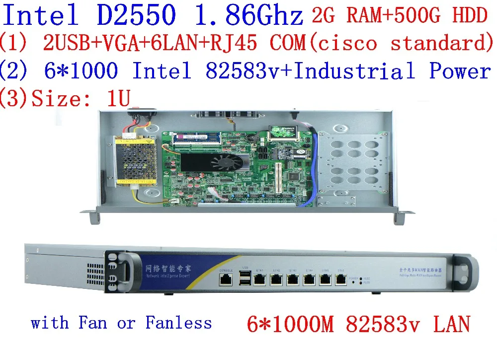 

Hot sell Intel ATOM D2550 1U Firewall With 6*InteL 82583V 1000M LAN support Panabit Wayos ROS Mikrotik PFSense 2G RAM 500G HDD