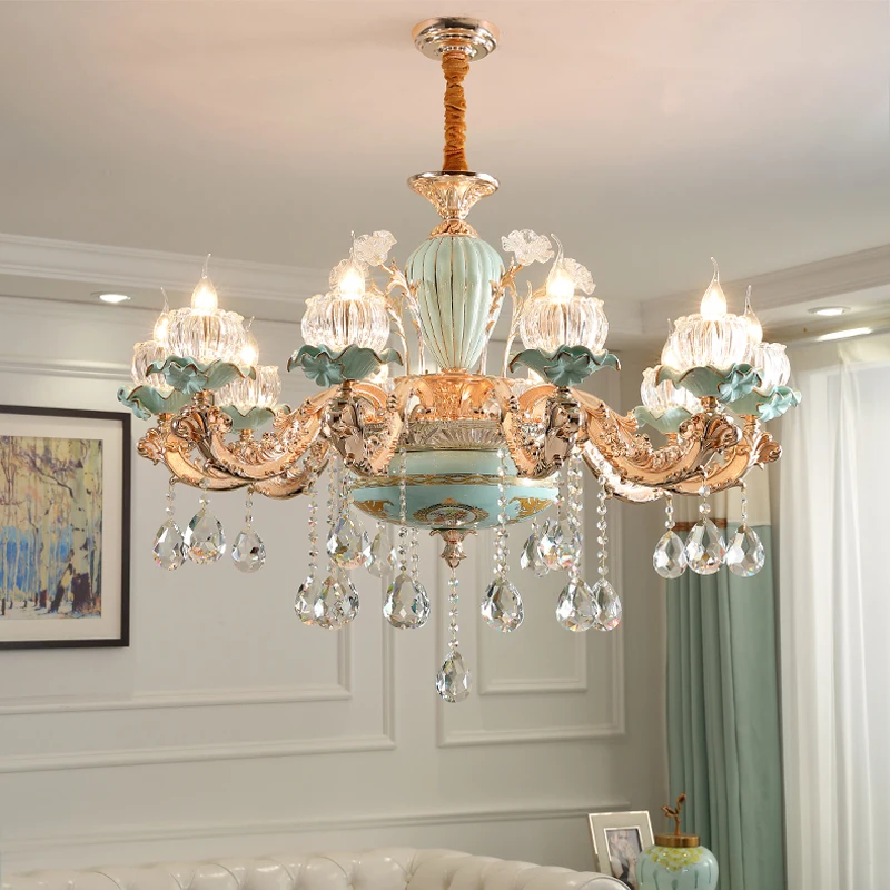 

New Chinese Style Ceramics Chandelier Living Room Crystal Lamps Dining Room Lights Duplex Stair Luxurious Zinc Alloy Chandeliers