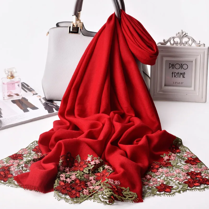 

Embroidery Fine Wool Shawls and Warps Women Luxury Brand Red Warm 100% Wool Scarf Pashmina Scarves For Ladies Foulard Femme