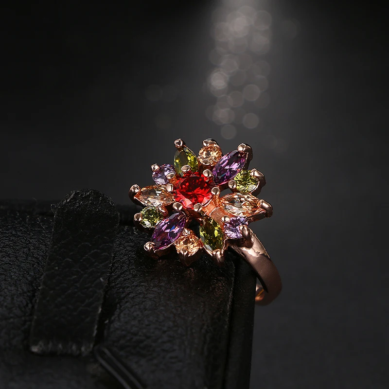 Emmaya Hot Sale Colorful Zircon Ring Gold Color Beautiful Flower Engagement Rings Jewelry Party Wedding Accessories