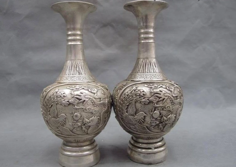 10 Chinese Royal white bronze silver lucky Dragon phenix play bead Pot vase pair