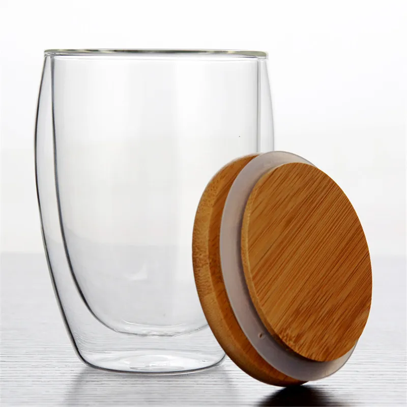 Transparent Double Wall Glass Mug With Bamboo Lid  Resistant Tea Beer Mug Milk Lemon Juice Cup Drinkware Lover Coffee Cups Mug