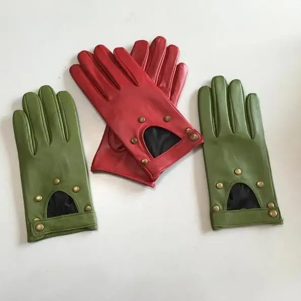 Women\'s Natural Leather Rivet Punk Style Gloves Female Genuine Leather Hollow Out Red Green Motorcycle Driving Gloves R749