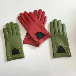 Women's Natural Leather Rivet Punk Style Gloves Female Genuine Leather Hollow Out Red Green Motorcycle Driving Gloves R749