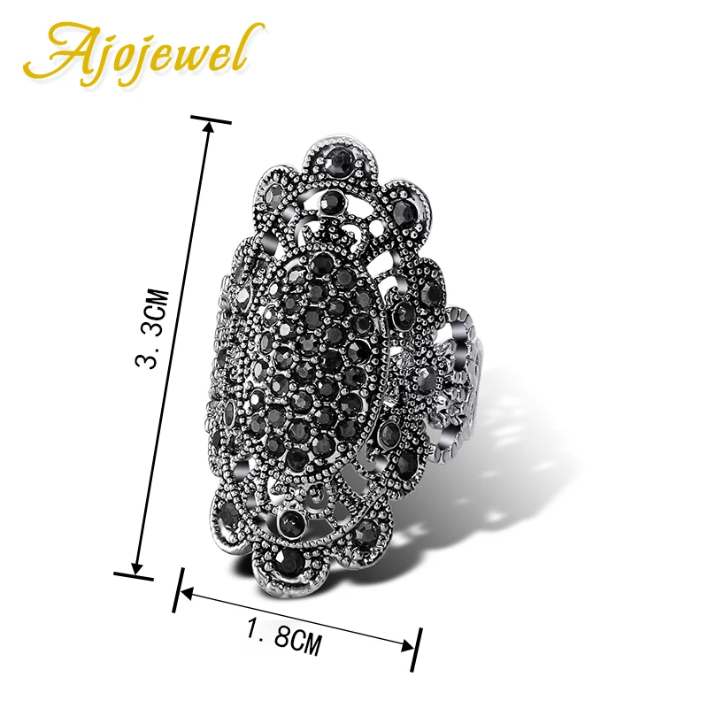 Ajojewel Unique Vintage Jewelry Black Rhinestone Big Rings For Women Ancient Silver Color Female Crystal Party Gift