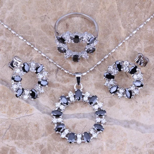 Terrific Black Cubic Zirconia White CZ Silver Plated Jewelry Sets Earrings Pendant Ring Size 6 / 7 / 8 / 9 / 10 / 11 / 12 S0145