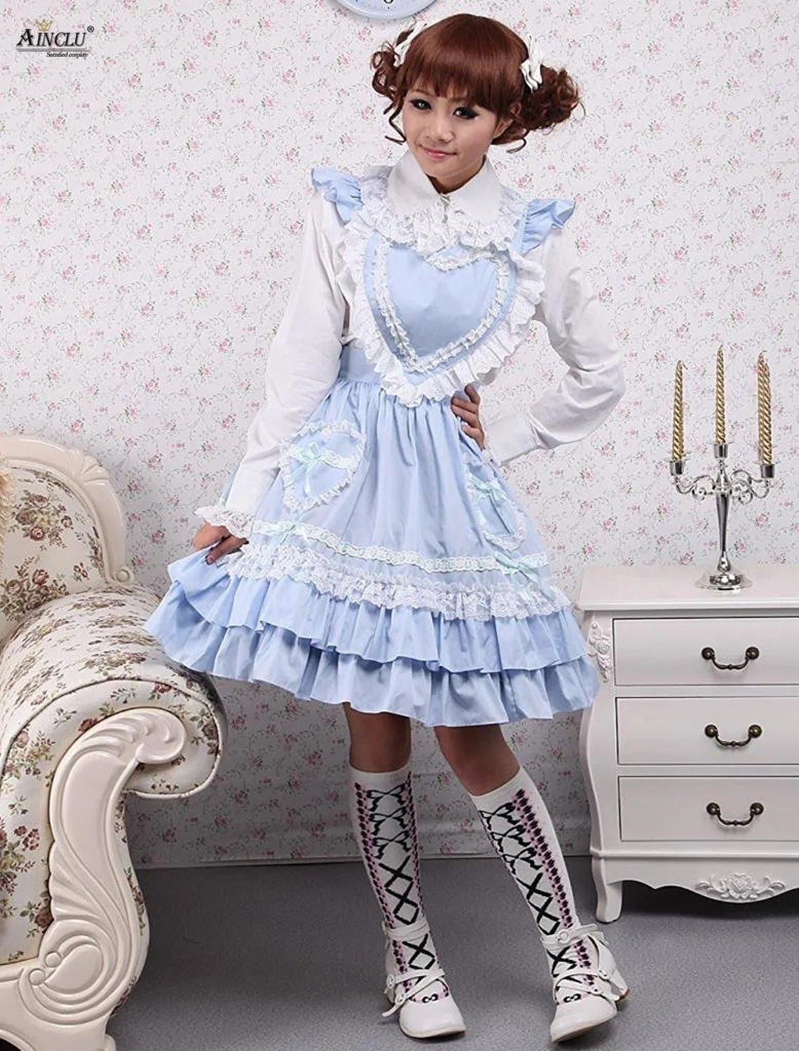 Trung-Dài Đầm Ainclu Nữ Cotton Trắng Lolita Áo Và Xanh Ngọt Ngào Lolita Váy Cho Mùa Xuân/Mùa Hè/Mùa mùa Thu Và Mùa Đông