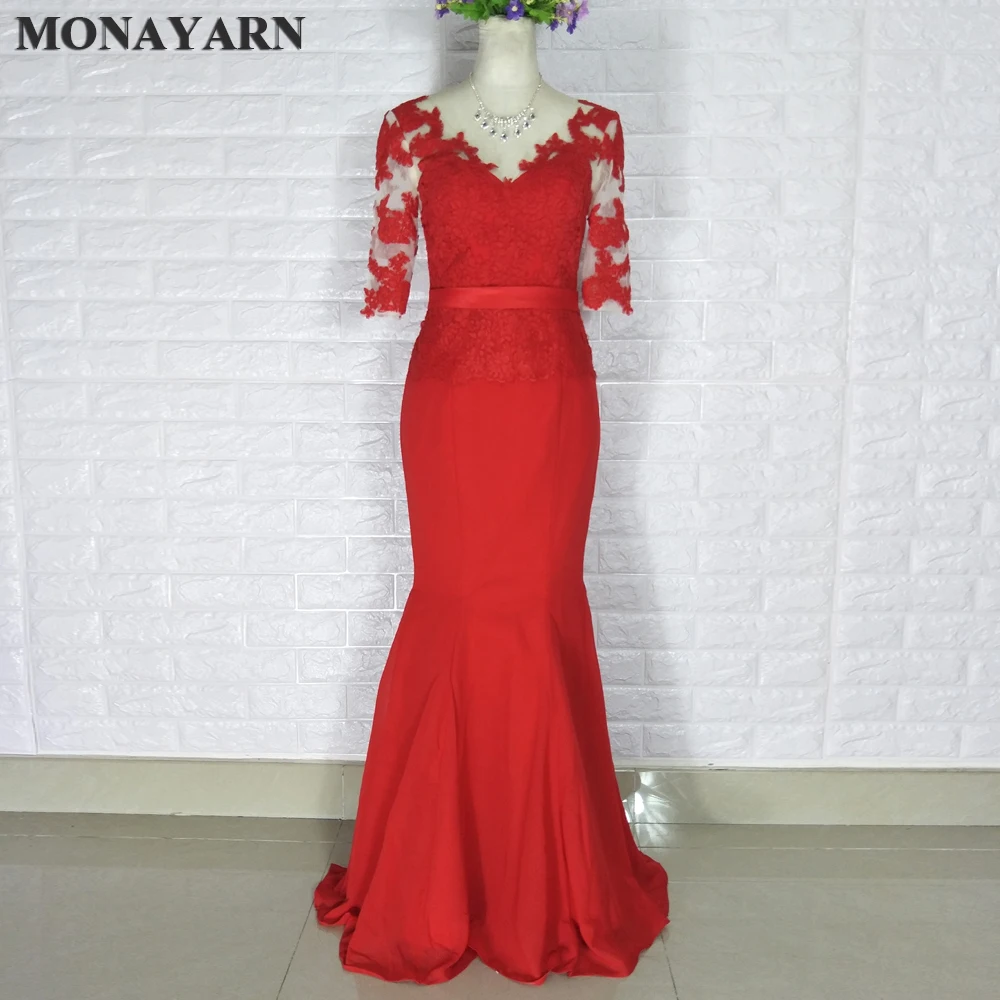 

Long red Mother Of The Bride Dresses Lace 2018 new Chiffon Beaded Appliques Bodice Sheer 3/4 Sleeves Evening Dresses Plus Size