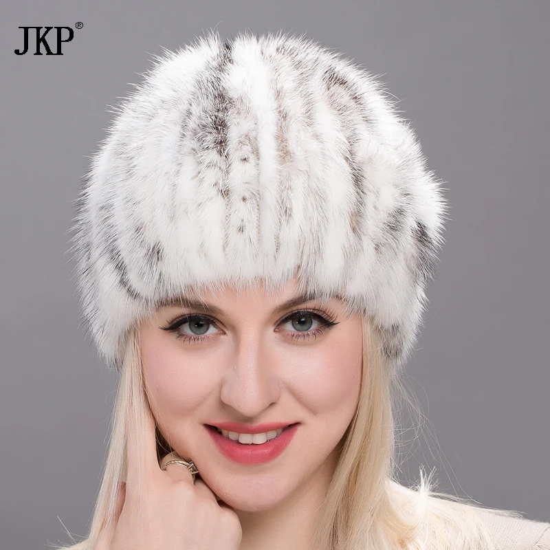 Winter Hats Women Genuine Mink Fur Cap Striped Knitted Casual Solid Female Beanies Fashion  Natural Warm mink Fur caps DHY17-22