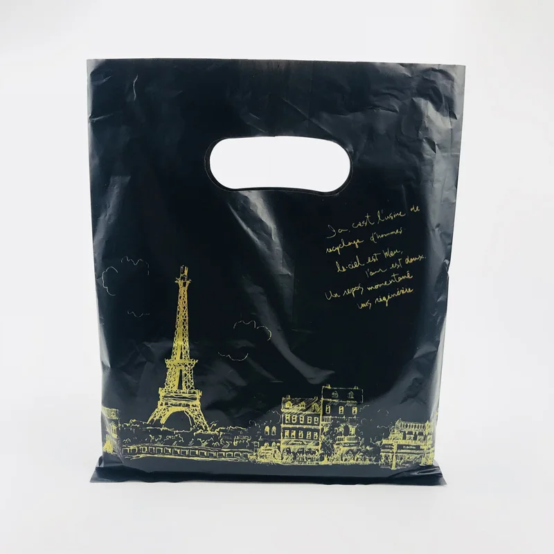 Black Paris Tower Plastic Gift Bags, Mini, 20x25cm, Small Boutique, Shopping Clothes, Plastic Gift Bags with Handles, 100Pcs