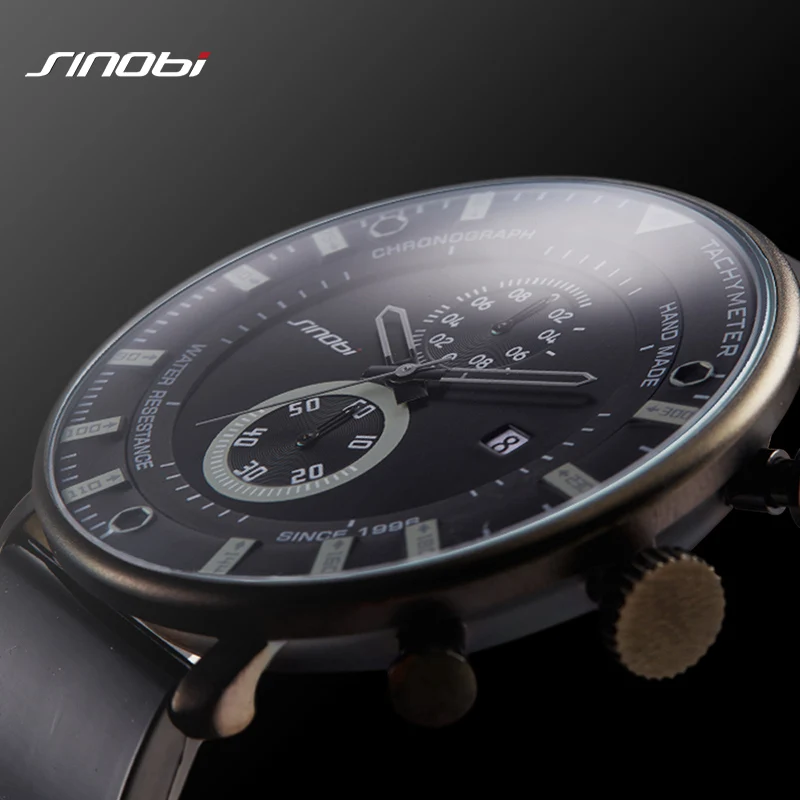 SINOBI Men Watches Chronograph Top Brand Luxury Ultra Thin Black Clock Waterproof Rubber Sports Quartz Wristwatch multifuction