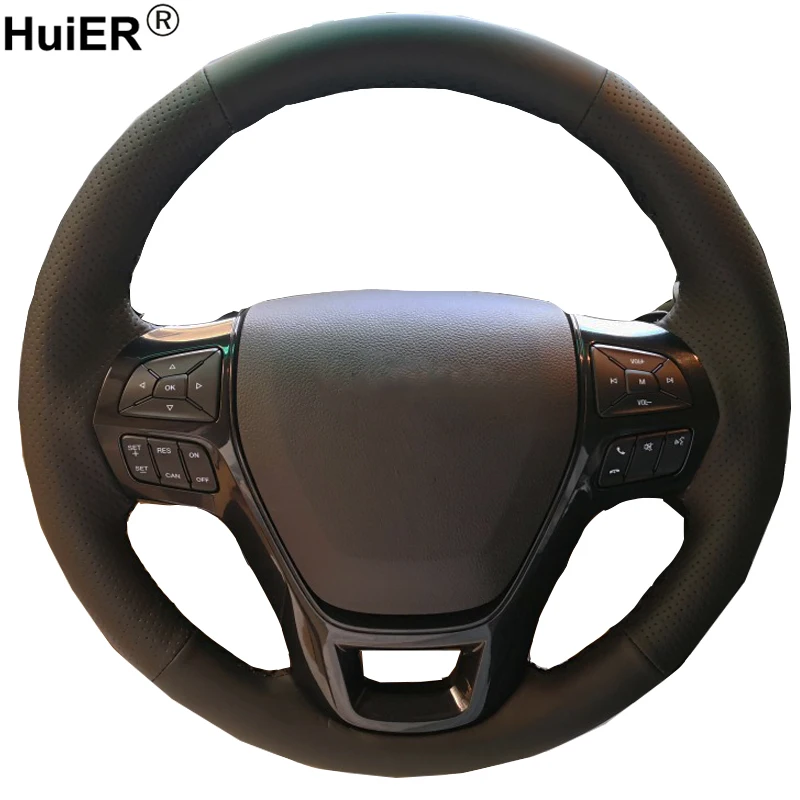 HuiER Hand Sewing Car Steering Wheel Cover Wear-resistant Car Styling Black Leather For Ford Explorer 2016-2018 steering wheel