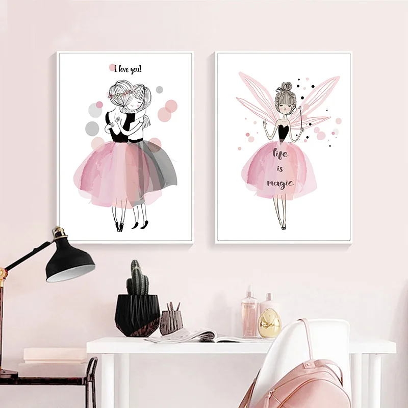 Pink Cartoon Girl Canvas Poster Nursery Wall Art Print Painting Minimalist Nordic Kids Decorative Picture Baby Room Decoration