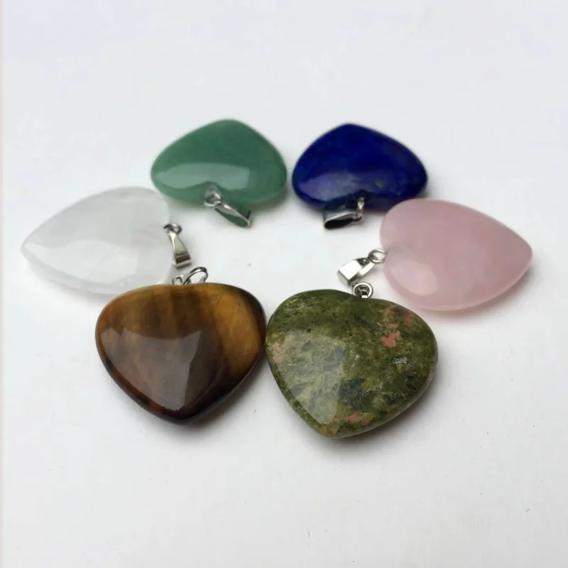 Natural Love Heart Pendants for Lover, Gem Stone, Pink Quartz, White Crystal, Healing Necklace, Charm Jewelry, 25mm