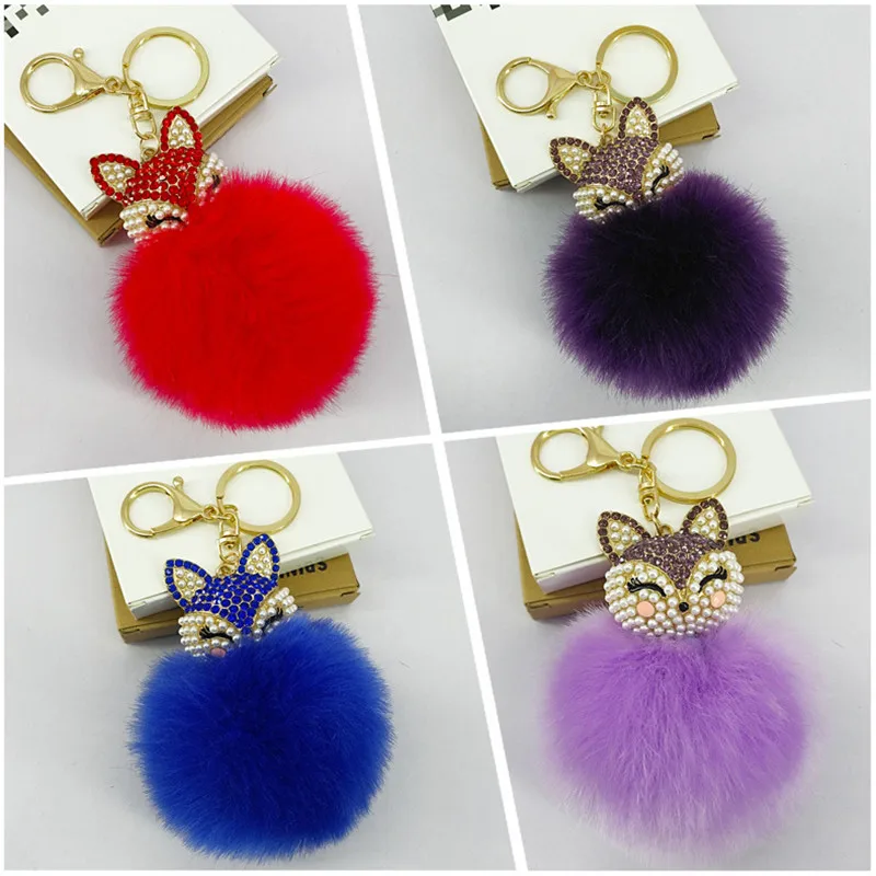 Moda Faux Fluffy Puff Ball Lovely Pearl Crystal Fox pompon portachiavi auto portachiavi anello donna borsa Pom pom gioielli 2020