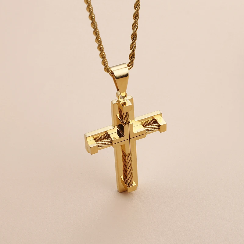 Stainless Steel Wire Chain Large Biker Cross crucifix Pendant Necklace Rope Chain Men\'s Women Punk Fashion Gift 4mm 22 inch