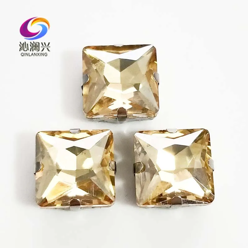 

Golden champion top quality Glass Crystal sew on stones,square shape claw rhinestone with holes,Diy/Clothing accessorie SWZ405