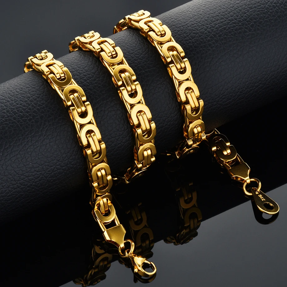 8mm Men\'s Thick Chain Stainless Steel Long Gold Color Byzantine Link Chain Necklace Hip Hop Jewelry Dropshipping Wholesale