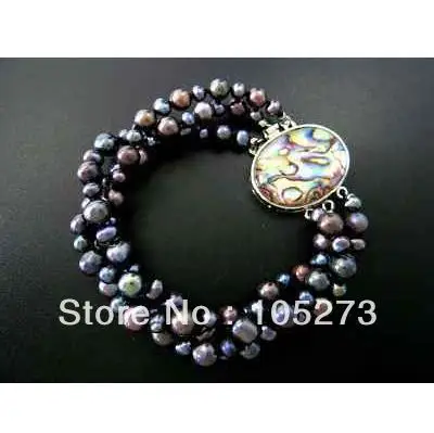 

New Arriver Jewelry 8'' Genuine Black Freshwater Pearl Bracelet Knotted AA 7-8MM 3Rows Shell Clasp New Free Shipping