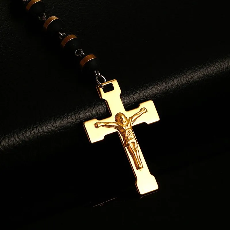 Men Rubber Rosary Pendant Necklace, Stainless Steel Virgin Mary Jesus Christ Crucifix Cross Jewelry