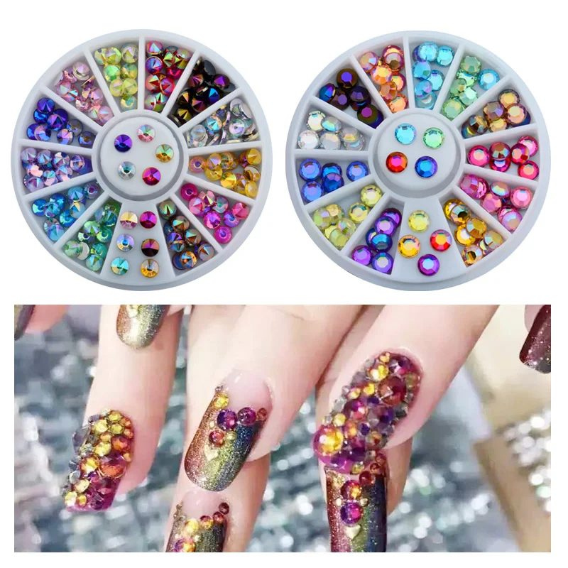 Strass pailletés colorés AB pour ongles, 1 boîte, perles de charme 3D, décorations en roues pour gel UV, accessoires de Nail Art, DIY