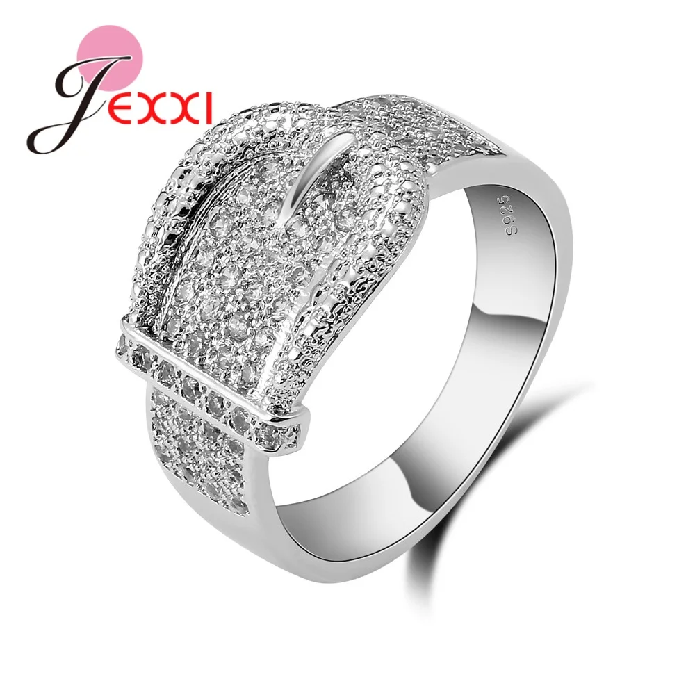 Unique Belt Shape Design Micro Pave Rhinestones Wide 925 Sterling Silver Band Rings For Women Wedding Anniversary