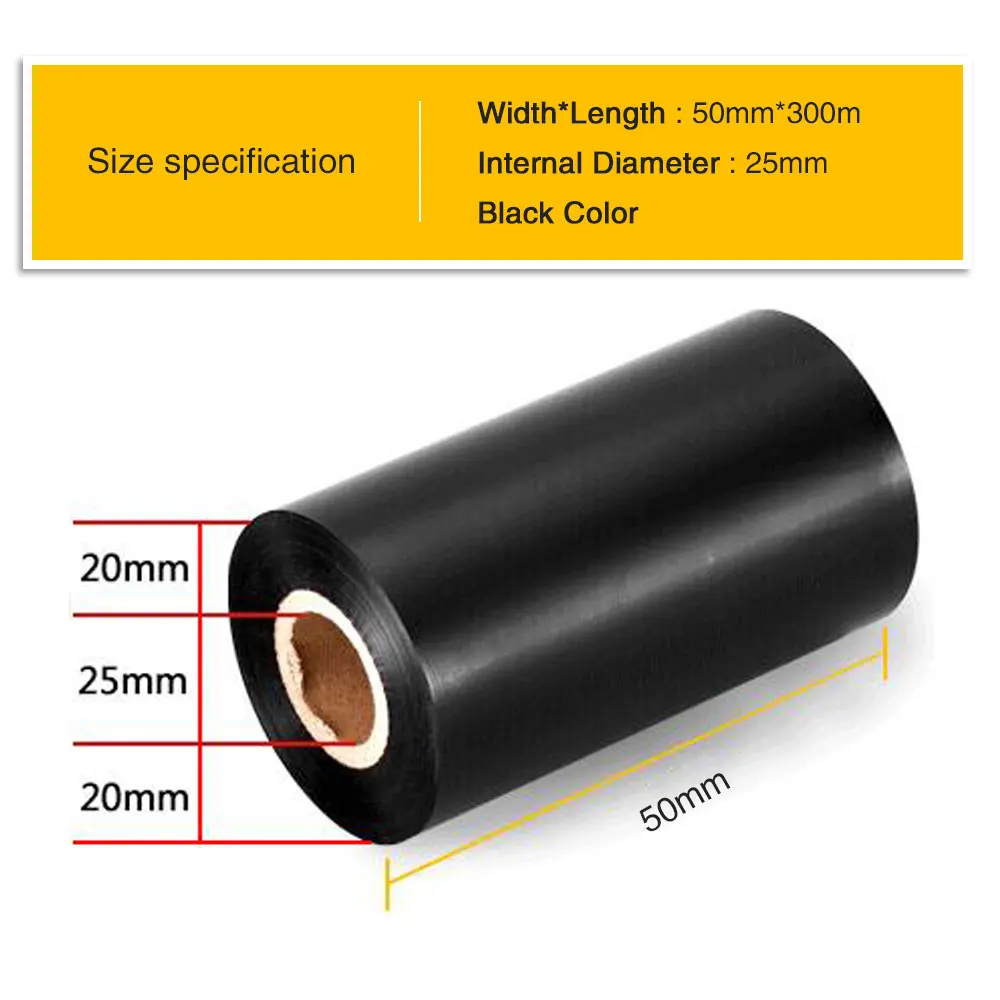 

2PK Black Color 50mm(Width)*300m(Length) 25mm(Internal Diameter) Wax Ribbon for Thermal Transfer Barcode Label Printer