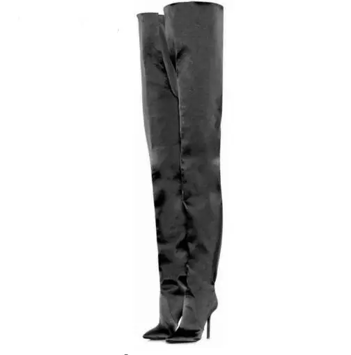 Luxury Satin Over The Knee Boots Women Pointed Toe 12cm High Heel Boots Women Runway Party Shoes