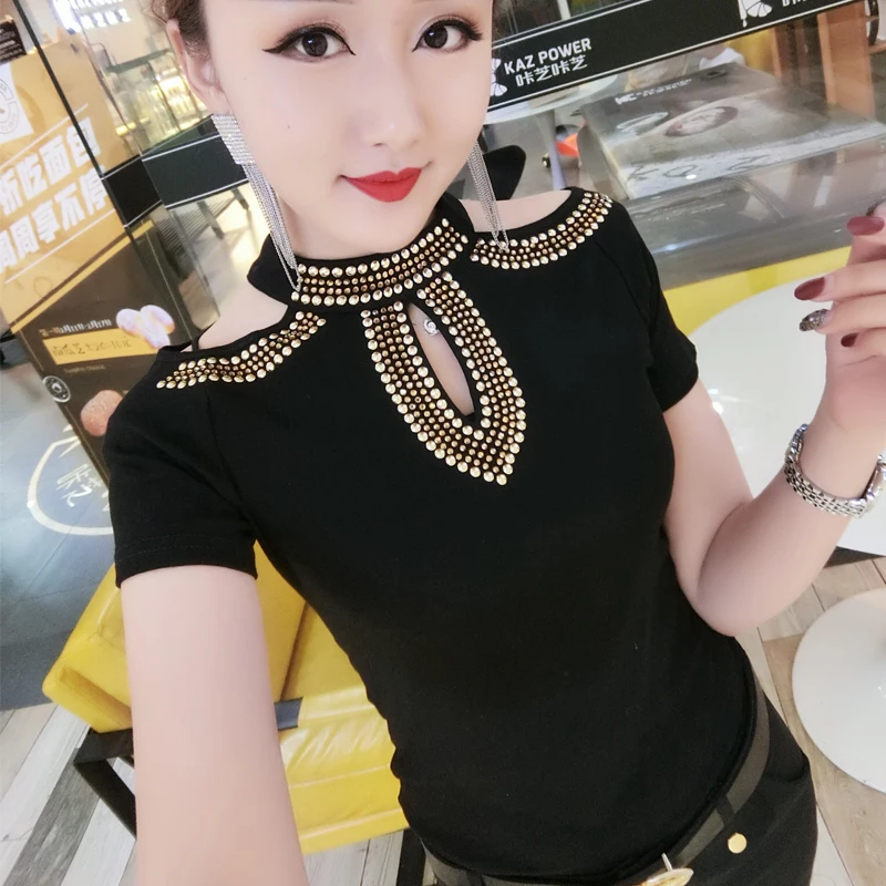 Fashion Korean Hollow Out Off Shoulder Diamonds Tshirt New Summer Women Streetwear Top Clothes Slim Shirt Camiseta Mujer T95402L