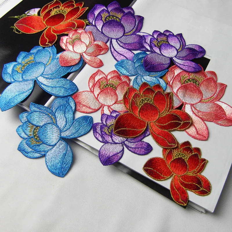 High Quality Lotus Flower Applique Embroidery Cloth Patch Sew on flower Patch DIY Accessories for Dress Classical Costume