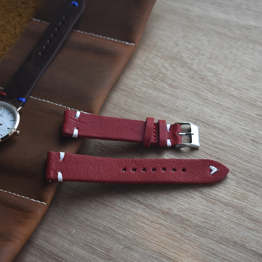 

Genuine leather Handmade Retro Watch Band Strap Red 18mm 20mm 22mm Women Wrist Watchbands Belt Silver Polished Buckle 2019 new