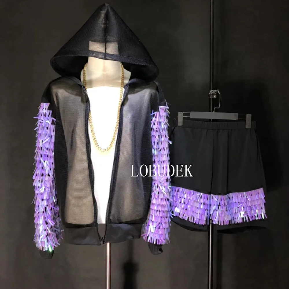 

Black Mesh See Through Jacket Purple Sequins Pants Men's Suits Tide Male Singer Nightclub Clothing Hip Hop Rock Dancer Costume