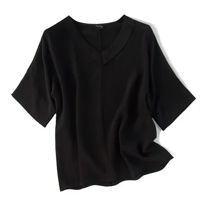 

Simplicity is both the atmosphere silk black T-shirt female summer new medium-sleeved shirt pure color short-sleeved loose tide