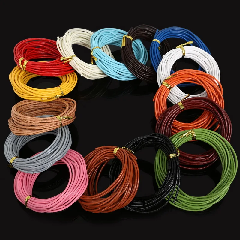 Wholesale  2mm 15 Color 5M Round Shaped Genuine Lether Hide Rope String Cord For Handmade Sewing Accessories