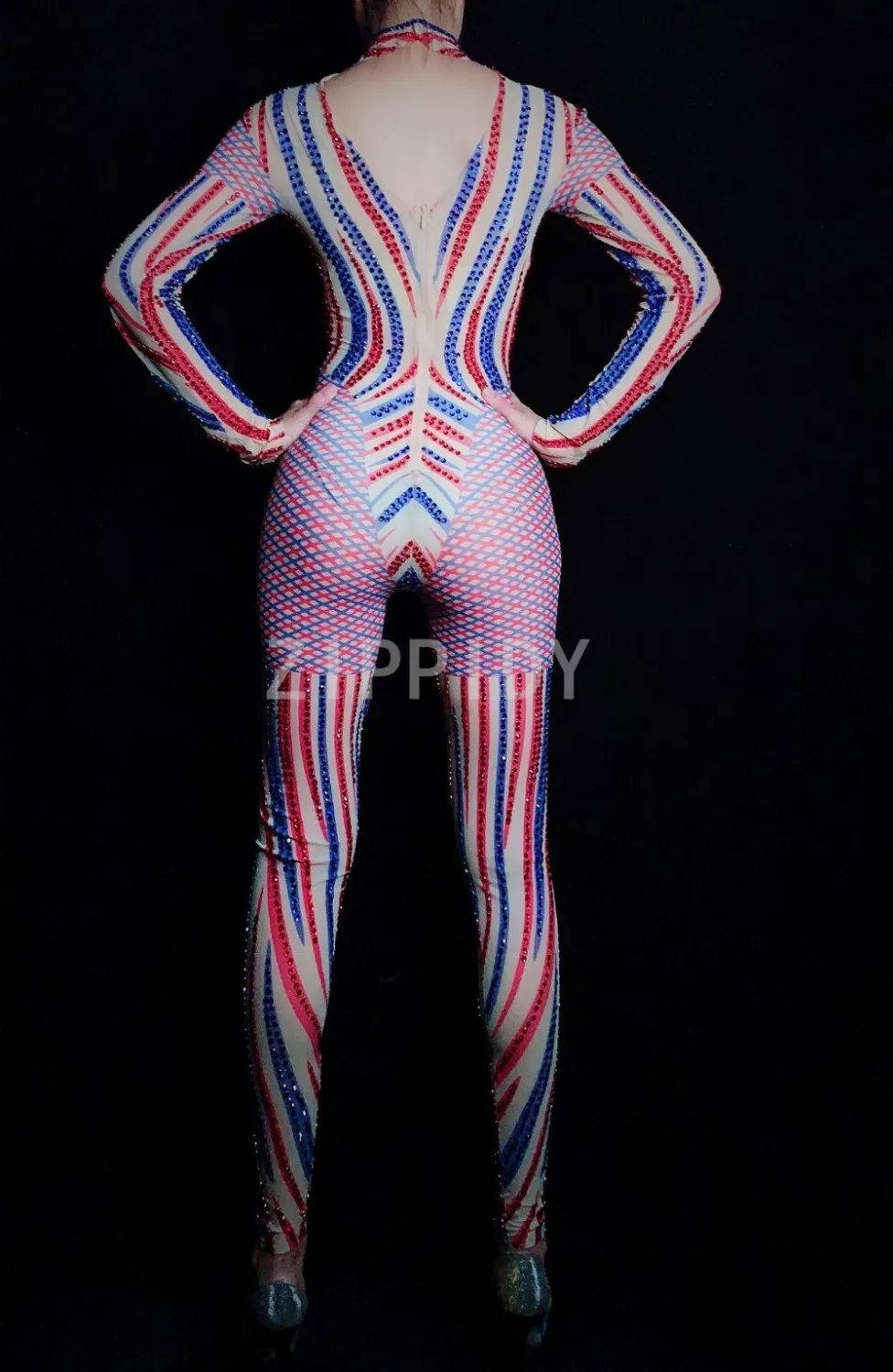 Birthday Bar Dance Clothes Nightclub Dance Female Singer Show Bright Bodysuit Bright Blue Red Rhinestones Mesh Jumpsuit Women