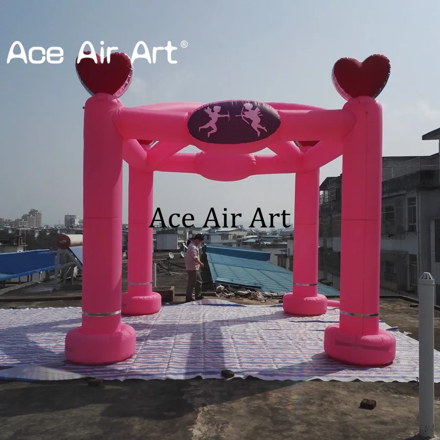 Newest Greek Style Inflatable Wedding House Tent Cupid's Arrow Love Frame Tunnel Party Tent with Hearts on Top