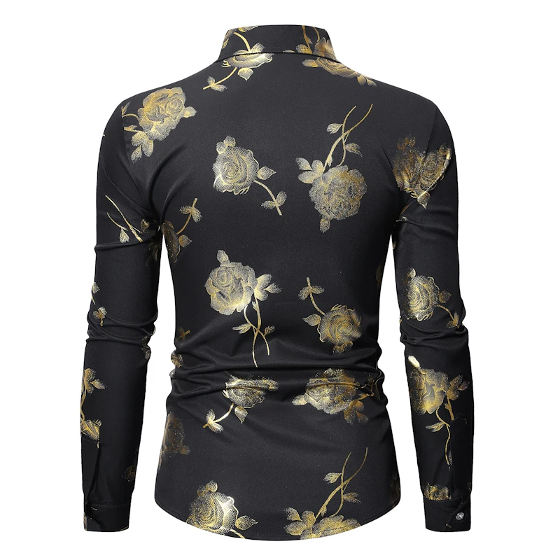 Mens Gold Rose Floral Print Shirts Brand Floral Steampunk Chemise White Long Sleeve Wedding Party Bronzing Camisa Masculina