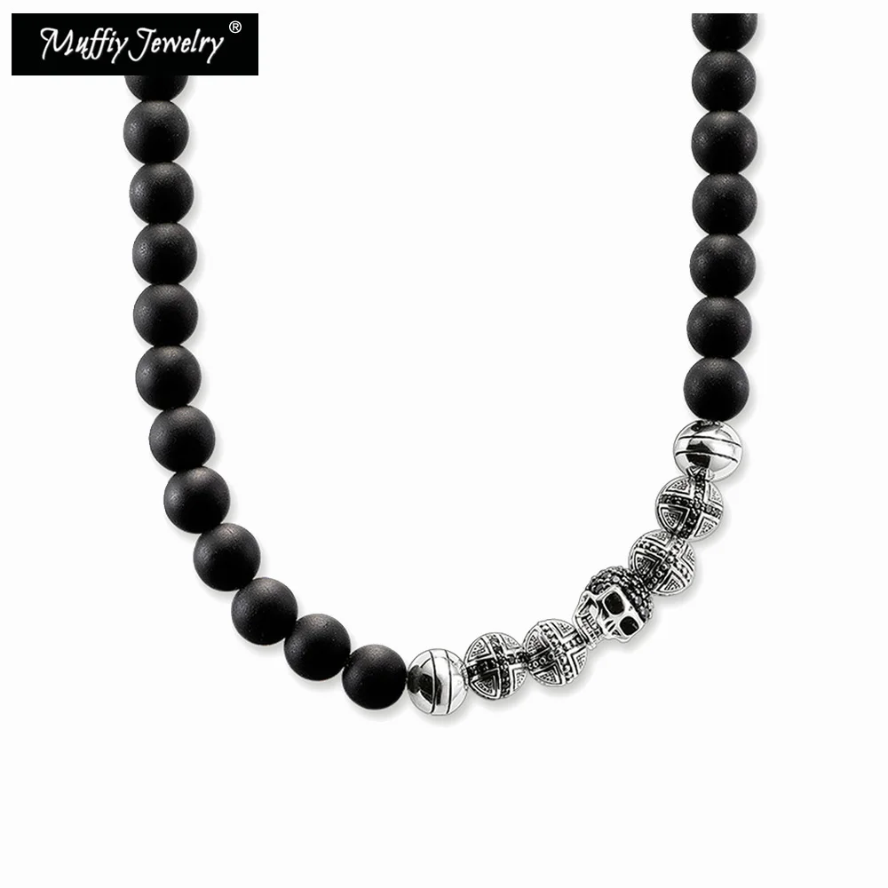 Strand Necklace Obsidian & 925 Silver Skull Beads Europe Styling Fine Jewelry Punk Rebel Street Vintage Gift For Men Women